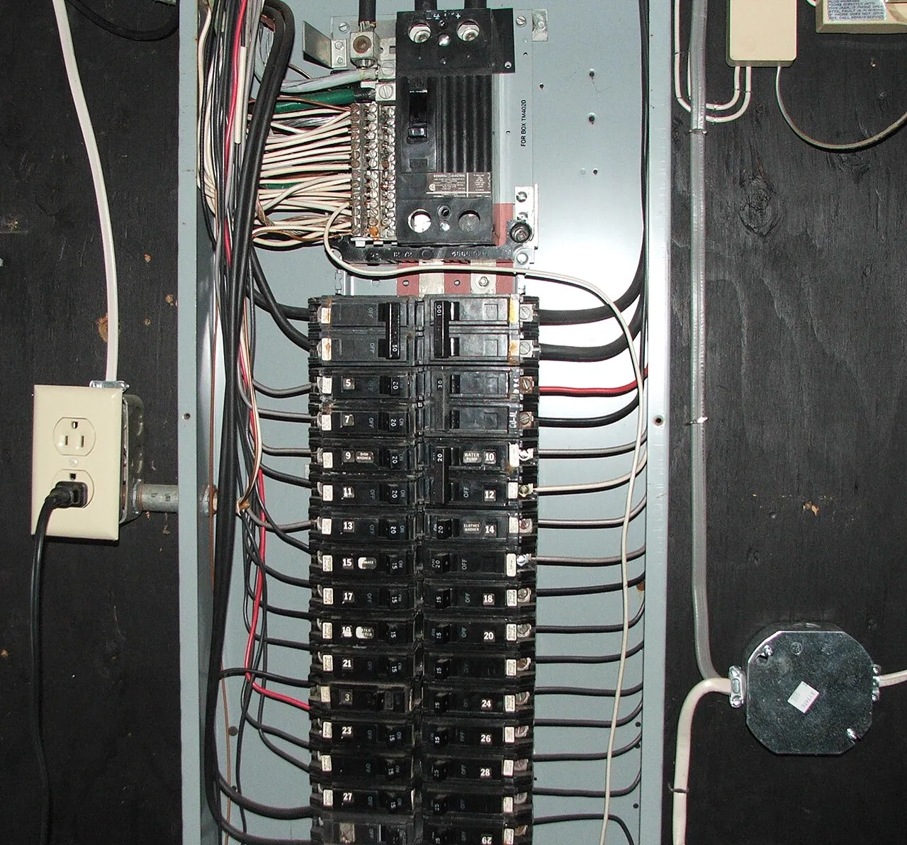 Bank of breakers inside a commercial electrical panel